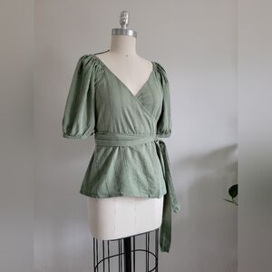 OLD NAVY sage green cotton and rayon wrap top with elastic back & puff sleeves